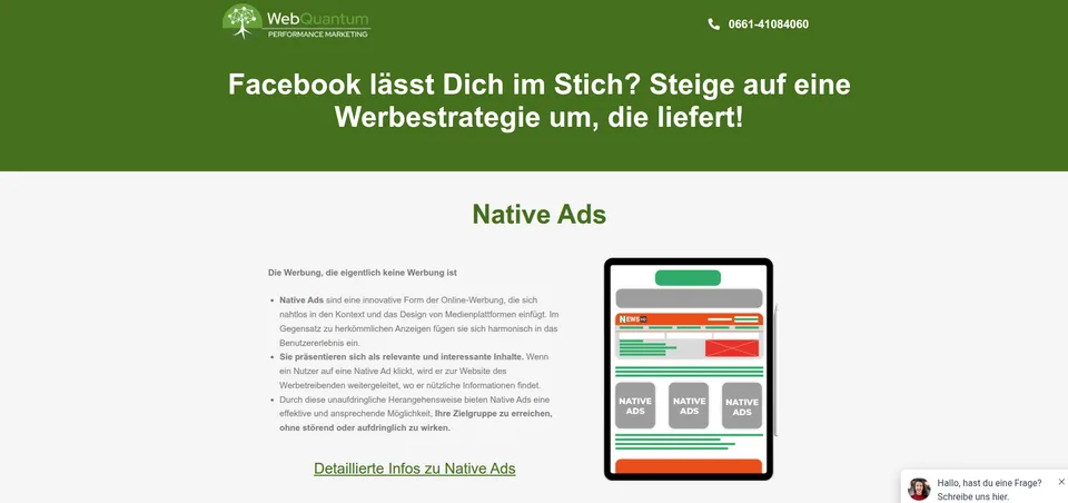 Alte Native Ads Seite von WebQuantum vor der Überarbeitung