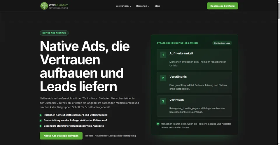 Neue Native Ads Seite von WebQuantum nach der Überarbeitung