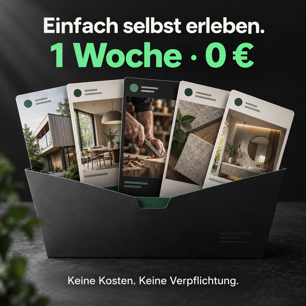 Dein kostenloses Probepaket: fünf beispielhafte Social-Media-Beiträge. Einfach selbst erleben. Eine Woche für 0 Euro. Keine Kosten, keine Verpflichtung.